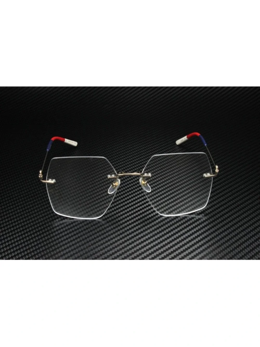 Gucci Hexagon Rimless Sunglasses with Gold Bridge and Clear Lens with Gucci logo - Picture 3 of 4